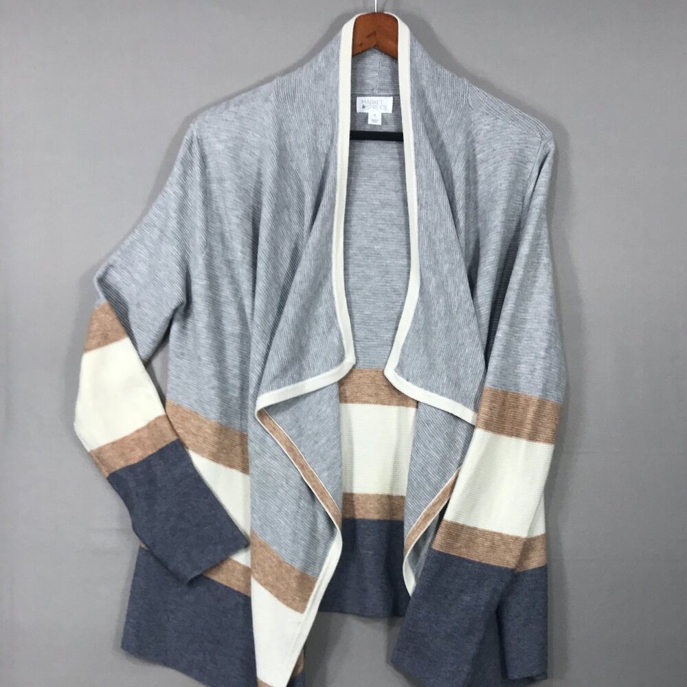 Market & Spruce Sweater Women's Size Medium Gray Tan Blue Open Front Cardigan